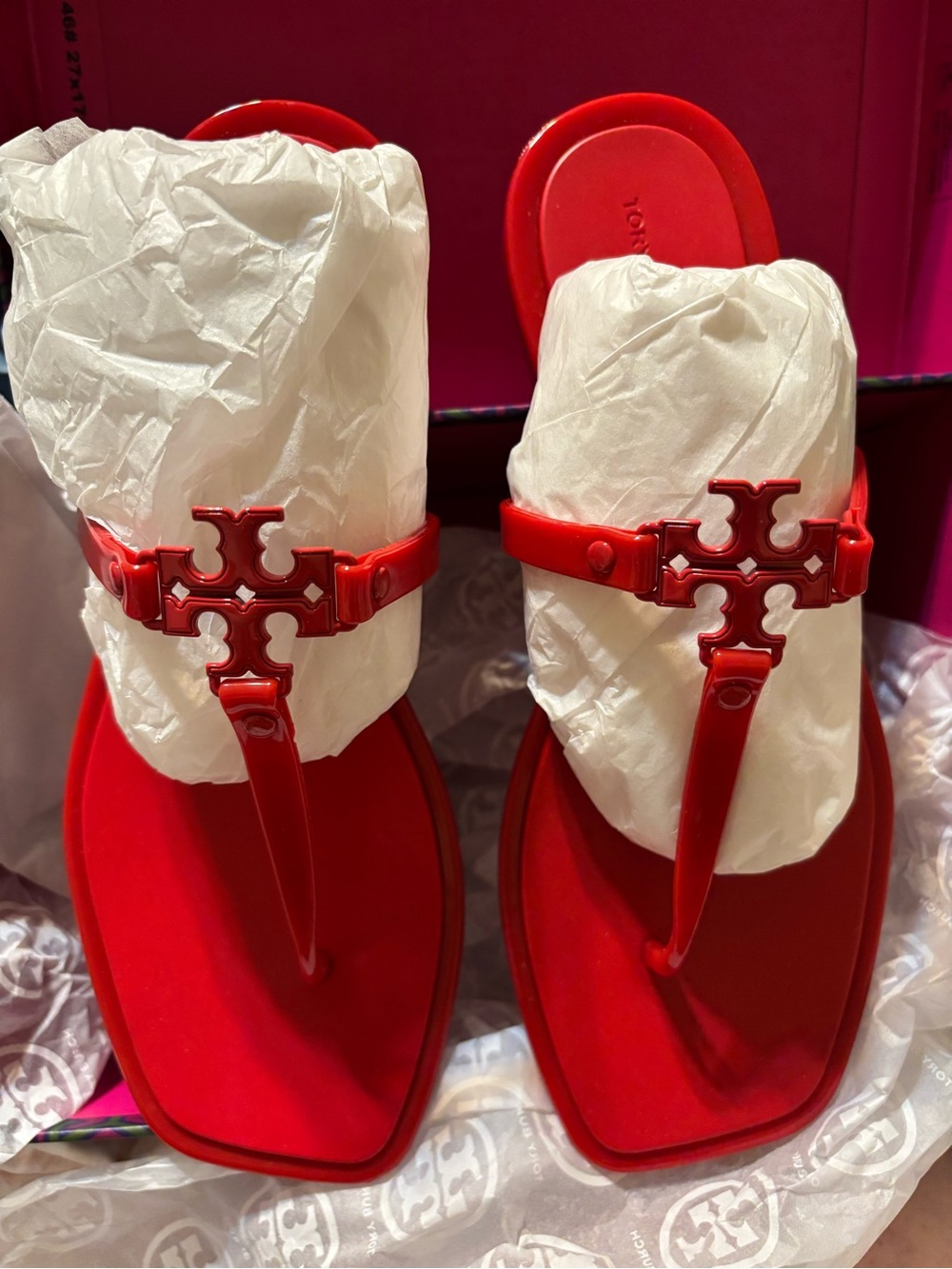 Tory Burch Bright Red Logo T-Strap Jelly Thong Sandals Size 7